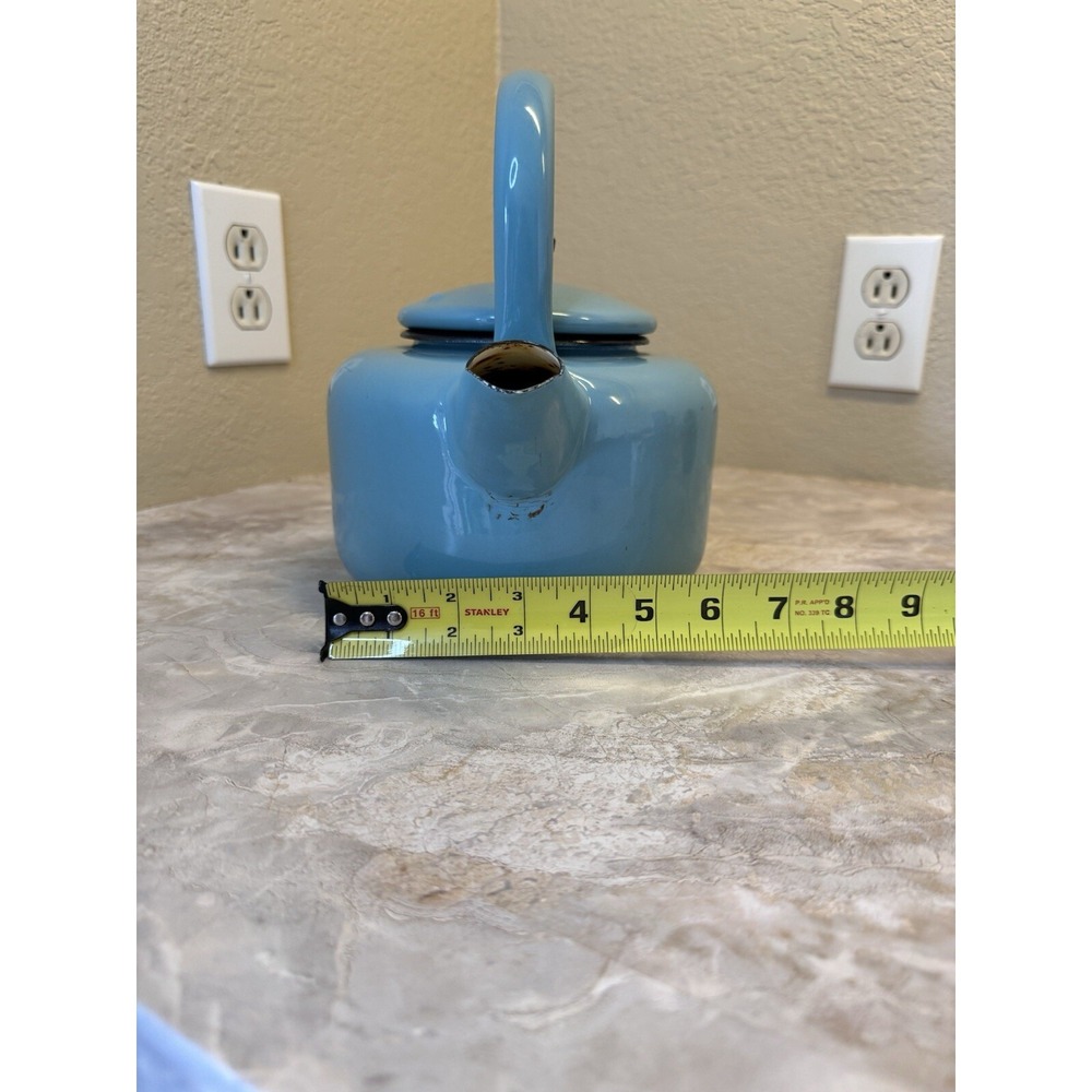 Vintage Blue Enamel Tea Kettle Stovetop Pot Mid Century Farmhouse Decor - Picture 11 of 12
